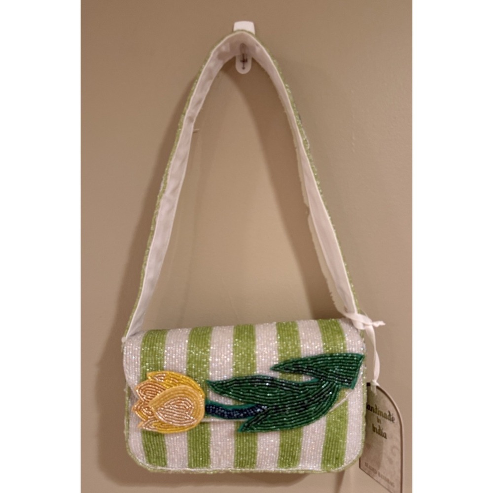 New Beautiful Beaded Floral Tulip Bag Green &‎ White Striped Shoulder Bag India